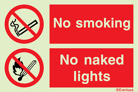 Photoluminescent self-adhesive vinyl 300x200mm No smoking and no naked lights double prohibition sign