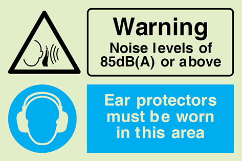 Photoluminescent 1.2mm rigid plastic 300x200mm Warning noise levels above 85dB(A)