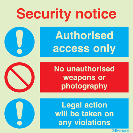 Photoluminescent self-adhesive vinyl 300x300mm Security notice - mandatory and prohibition sign