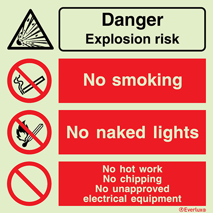 White rigid plastic 300x300mm Danger explosion risk - warning and prohibition sign