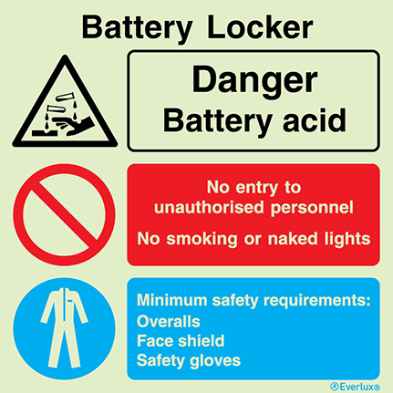 Photoluminescent 1.2mm rigid plastic 300x300mm Battery locker - warning, prohibition and mandatory sign
