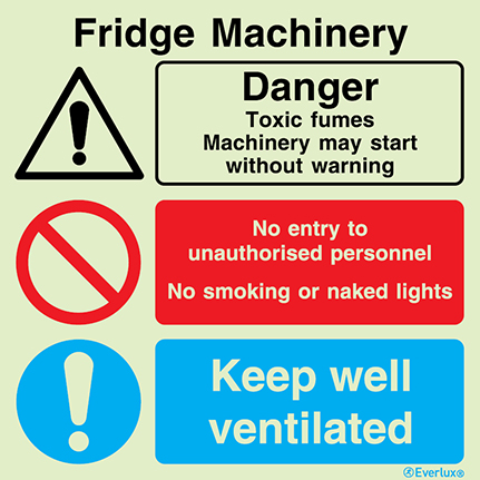 Self-adhesive white vinyl 300x300mm Fridge machinery - warning, prohibition and mandatory sign