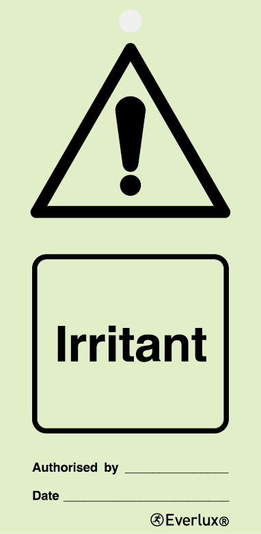 Photoluminescent 1.2mm rigid plastic with protective clear film 75x150mm Irritant - warning temporary tie tag