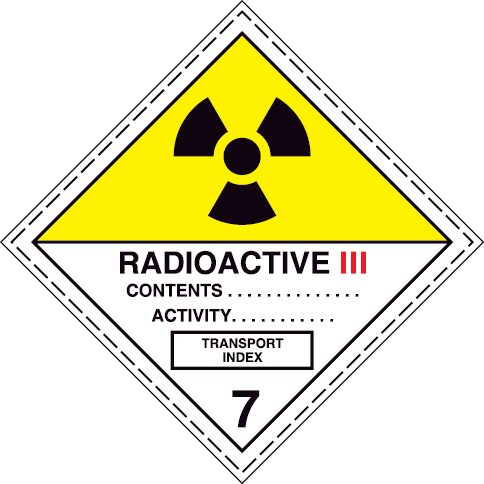 White rigid plastic 100x100mm Radioactive material Category III - yellow