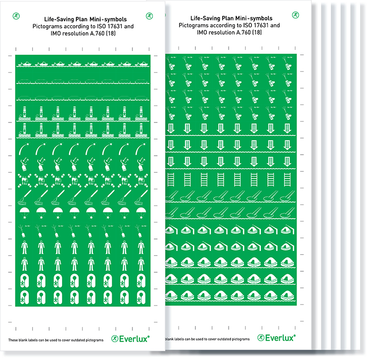 Self-adhesive white vinyl 10x10mm Life-saving symbols acc. to ISO 17631 and IMO Res. A.760 - 6 pages with a total of 768 symbols