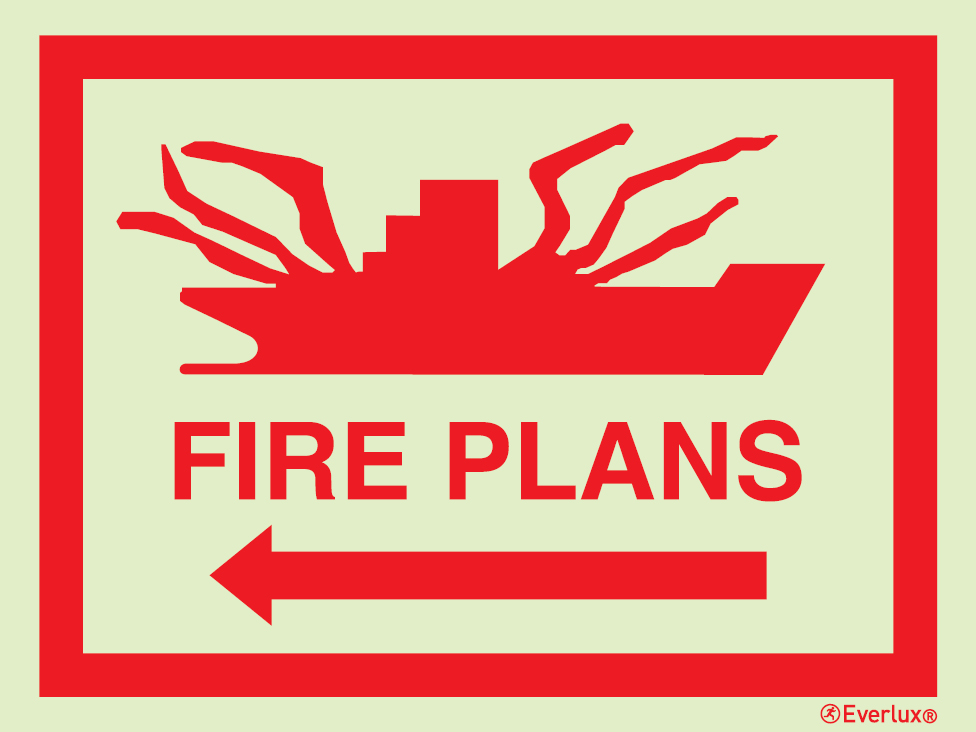 Photoluminescent 1.2mm rigid plastic 400x300mm Fire plans placard - progress to the left