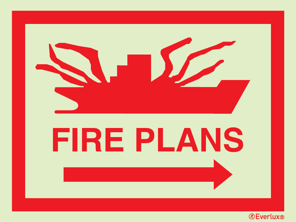 Photoluminescent 1.2mm rigid plastic 400x300mm Fire plans placard - progress to the right