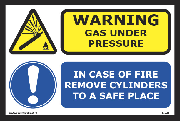 Warning: Gas under pressure/In case of fire remove cylinders to a safe place 300mm x 200mm